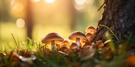 Gorgeous macro shot of woodland fungi in fall foliage, tiny new mushrooms sprouting in the woods, surrounded by leaves, capturing the enchanting idea of mushroom foraging.の素材