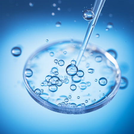 A macro shot of various-sized bubbles spilling out of a lab dropper into a Petri dish on a blue background illustrates the mixing idea of a facial care gel containing hyaluronic acid.の素材