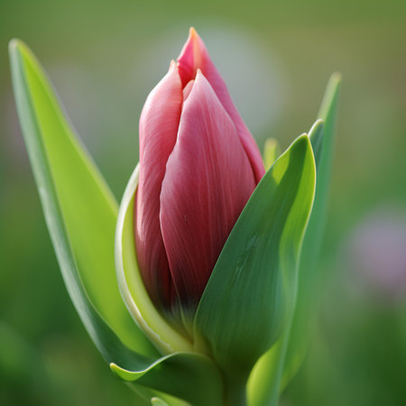 A tulip bud unopened is showcased in a top view against grassy scenery.の素材