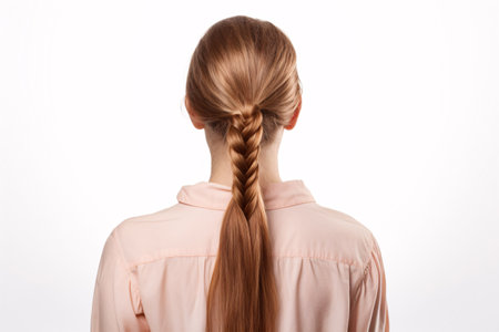 A female with several ponytails, viewed from the rear, on a blank white backdrop.の素材
