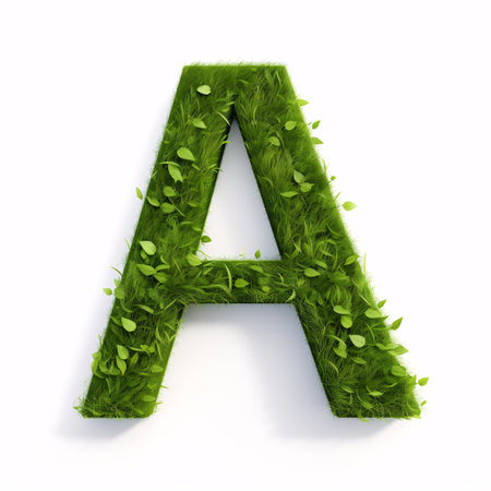 A 3D design of a capital "A" in a lush, green font stands out against an isolated white background with shadow, symbolizing ecology, nature and a need to save the planet.の素材