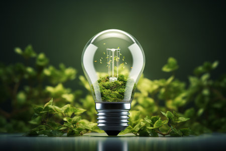 An isolated green background features an eco-friendly LED bulb powered by solar panels, conveying the idea of renewable energy.の素材