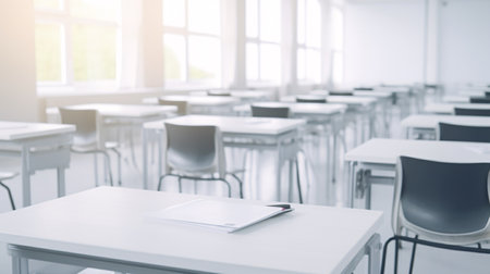 Unoccupied unfocused academic hall with blurred desks and seats. Corporate meeting space.の素材