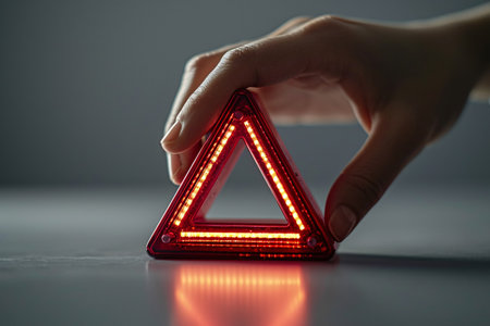 Hand displaying red triangular caution symbol for maintenance alert error and hazard idea.の素材