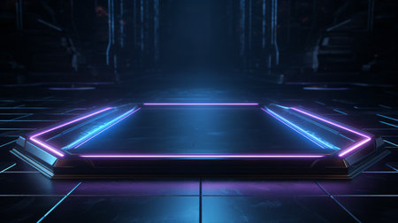 Sci-fi ambiance: Blue and purple neon light shapes on a black background with reflective concreteの素材
