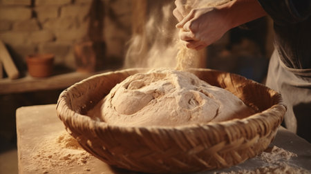 Wheat dough fermentation to make natural sourdough is achieved via a unique basket-raising technique.の素材