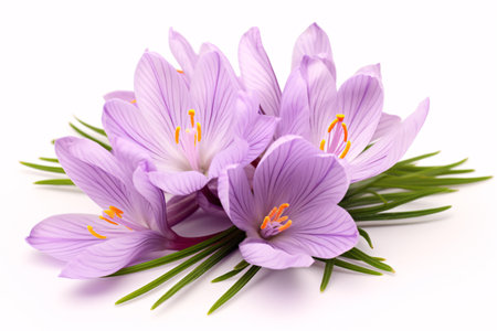 A Crocus sativus blossom, the hue of saffron, stands out against a white backdrop.の素材