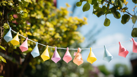 Vibrant flag garland in verdant tree leaves against azure sky, festive event backdrop with room for text.の素材