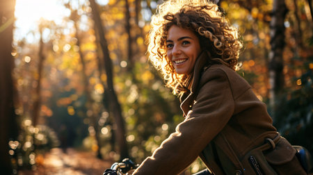 Joyful lady with wavy hair in a jacket cycles through a sunlit park, showcasing a carefree and natural lifestyle.の素材