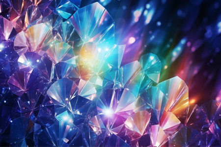 A holographic rainbow prism effect on a dark background with crystal flare and colorful bokeh.の素材