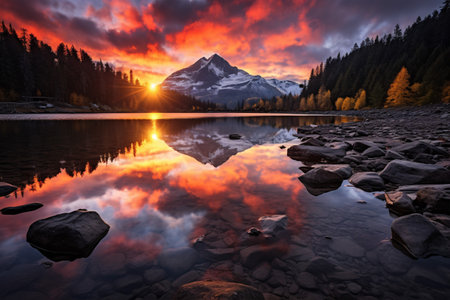 The breathtaking dawn spread its radiant tints over the serene lake's face.の素材