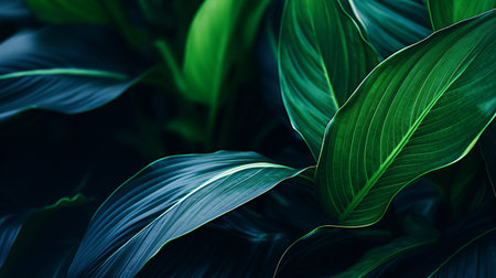 A lush, bright blue-green spathiphyllum cannifolium plant is featured in an ornate dark background in this close-up macro texture.の素材