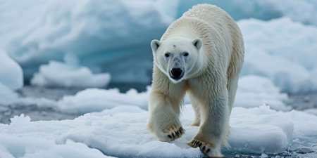 Intimate view of a polar bear strolling on the frozen tundra of Norway, highlighting the effects of global warming.の素材