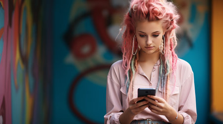 A teenage Caucasian girl with rosy braids is using a cellphone in front of a vibrant street mural, representing the summer and Generation Z fashion and social media trends.の素材
