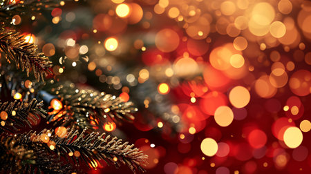 Festive holiday frame with evergreen branches, shimmering gold confetti, and twinkling lights on a red backdrop. Vector illustration.の素材