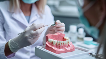 Elderly lady examining tooth model in consultation for dental implant operation at dental office.の素材