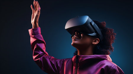 Captivating panorama Millennial explores virtual reality with VR glasses against a dynamic neon studio setting.の素材