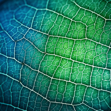 A closeup of a Horseradish leaf, in an abstract, mosaic-like pattern of cells and veins with a blue-green tinted background, suitable as wallpaper for a vegetal theme.の素材