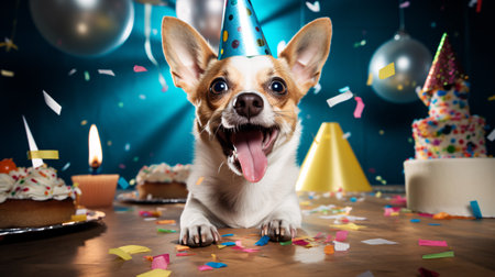 Joyful adorable canine donning a festive headpiece, rejoicing at a celebration amidst cascading confetti.の素材