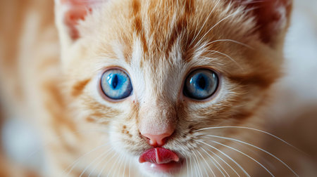Amusing feline with charming blue eyes and a red coat, eagerly licking his lips. Studio portrait with room for text.の素材