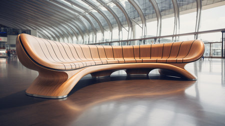 Stylish, curved wooden bench at the airfield interior.の素材