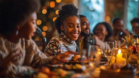 Joyful African American girl chuckling as she relishes Thanksgiving meal with her large family in dining area.の素材