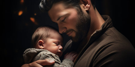 An image of a new dad embracing his infant child. Paternal affection solo father father's day idea.の素材