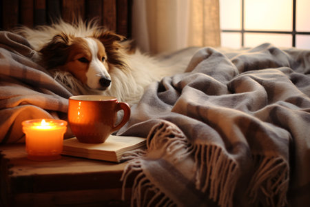 Charming winter abode with canine snoozing on bed covered in snug throw, reading material, and beverage. Genuine dwelling decor.の素材