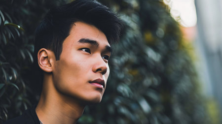 Image of youthful Asian male against backdrop.の素材