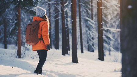A female wearing winter coat with faux fur and backpack hiking in snowy pine woods.の素材