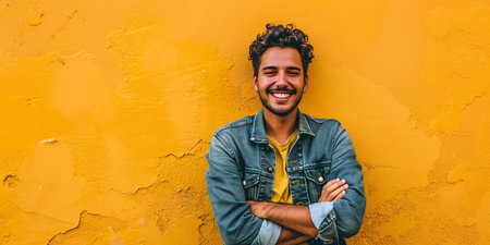 A content Hispanic male posing with arms crossed and a cheerful expression on a yellow backdrop.の素材