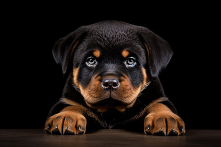 A Rottweiler pup against a dark backdrop.の素材
