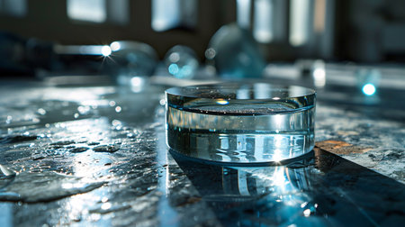 Circular transparent acrylic block on a blank white background.の素材