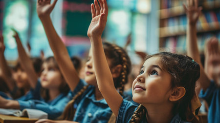 Students actively participating and engaging in classroom discussions and seeking guidance from the instructor during academic instruction.の素材