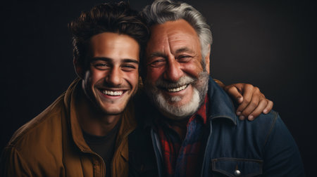 Bearded father and adult hipster son bonding and enjoying family time on Father's Day.の素材