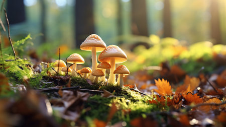 Stunning macro of autumn forest fungi in grass with vibrant autumn colors, depicting the concept of foraging for mushrooms. Enchanting.の素材