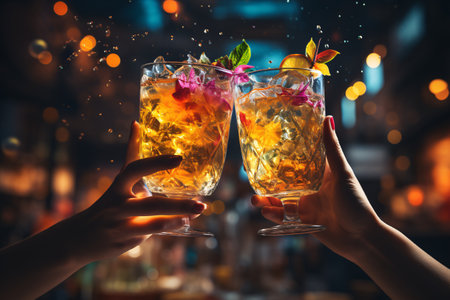 Intimate shot of two individuals toasting drinks in nightclub or lounge.の素材