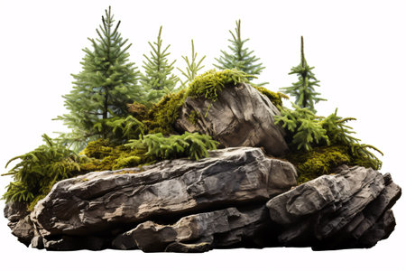An isolated white background showcases a decorative shrub nestled among fir trees with scattered stones.の素材