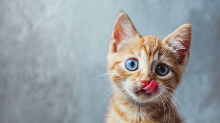 Amusing feline licking its chops. Close-up of a white and red kitty with stunning azure eyes gazing forward. Adorable famished cat. Professional photo. Empty area for words.の素材