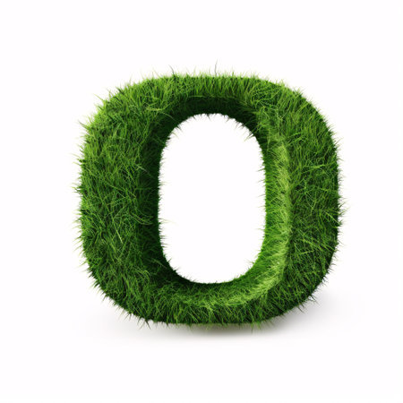 A 3D capitalized grass letter O with a green font on a white background, symbolizing eco-friendliness and nature, is set against a detail-filled meadow.の素材