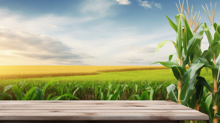 Illustration of open area for text and branding with a corn field and wooden surface at Agricultural corn.の素材
