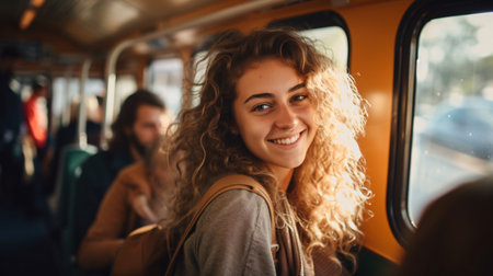 Youthful woman grinning, gripping a handle while commuting on a public bus.の素材