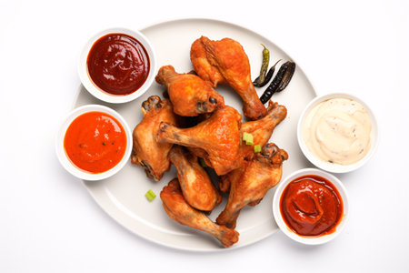 Air-fried chicken glazed with spicy sauce and accompanied with various condiments, displayed from a top point of view against a white backdrop.の素材
