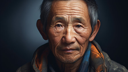 An elderly Asian man reflecting and gazing at the lens in the studio was captured in a detailed shot.の素材