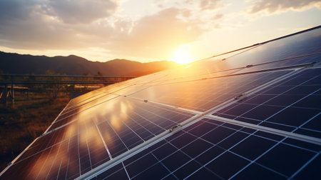 A close-up view of a photovoltaic plant displaying eco-friendly technology and renewable resources.の素材