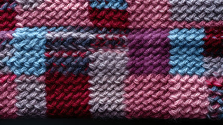 Close-up of a background of knitted woolen product created with multiple plaid yarns, suitable for needlework, such as knitting and other hobbies.の素材