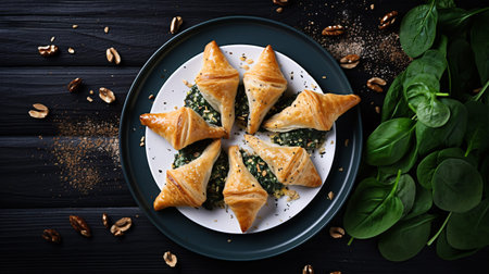 Savory spinach puffs with Gorgonzola, walnuts and sesame seeds.の素材