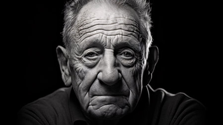 A contrasting monochrome portrait depicting the facial expressions of an aged individual - perfect to emphasize life knowledge, maturity, or aging aspects in articles or public awareness campaigns.の素材