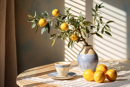 Contemporary indoor living Mediterranean in summer setting greenery and produce on table with illumination and shade in dining area.の素材