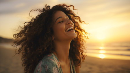 A pleasant woman of Latin and Hispanic descent is relaxing on the beach at sunset with her eyes closed, taking in the fresh breeze and enjoying the beauty of her mixed race and fluttering hair.の素材